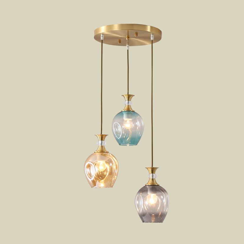 Gold Tulips Cluster Pendant Light Modernist 3 Heads Tan-Blue-Grey Dimpled Glass Ceiling Lamp