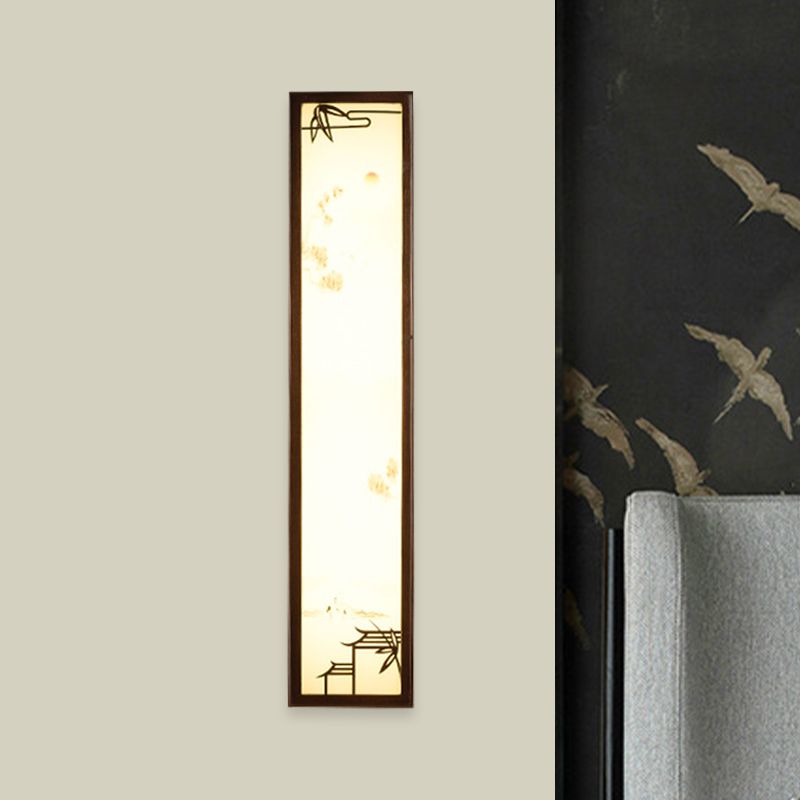 Acrylic Rectangle Mural Light Flush Mount Asian Brown LED Wall Light Sconce with Bamboo and House Pattern