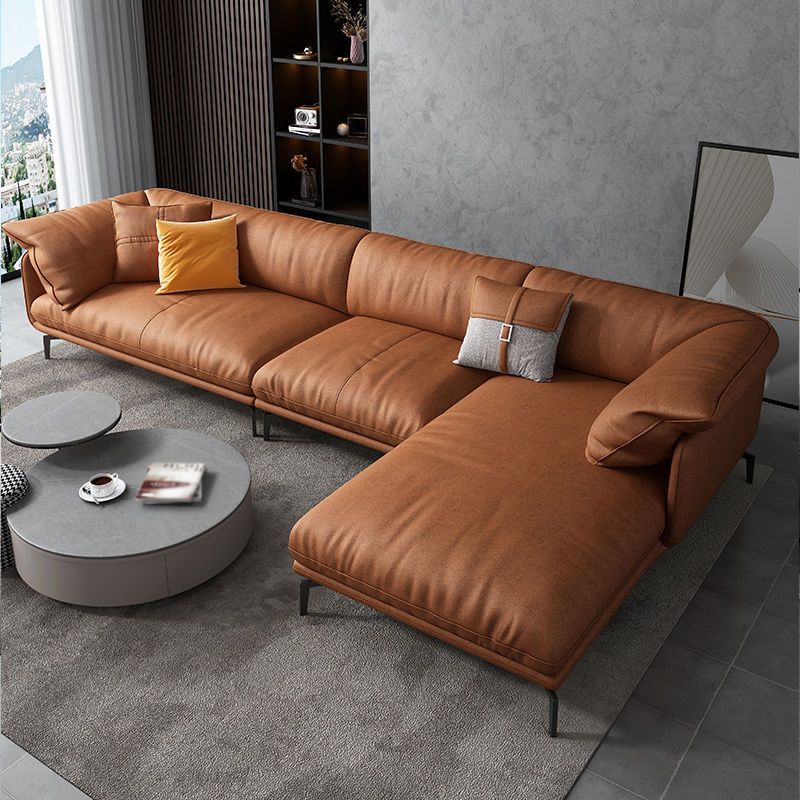 Recessed Arm Tan Contemporary Removable Cushions Faux Leather Sofa & Chaise