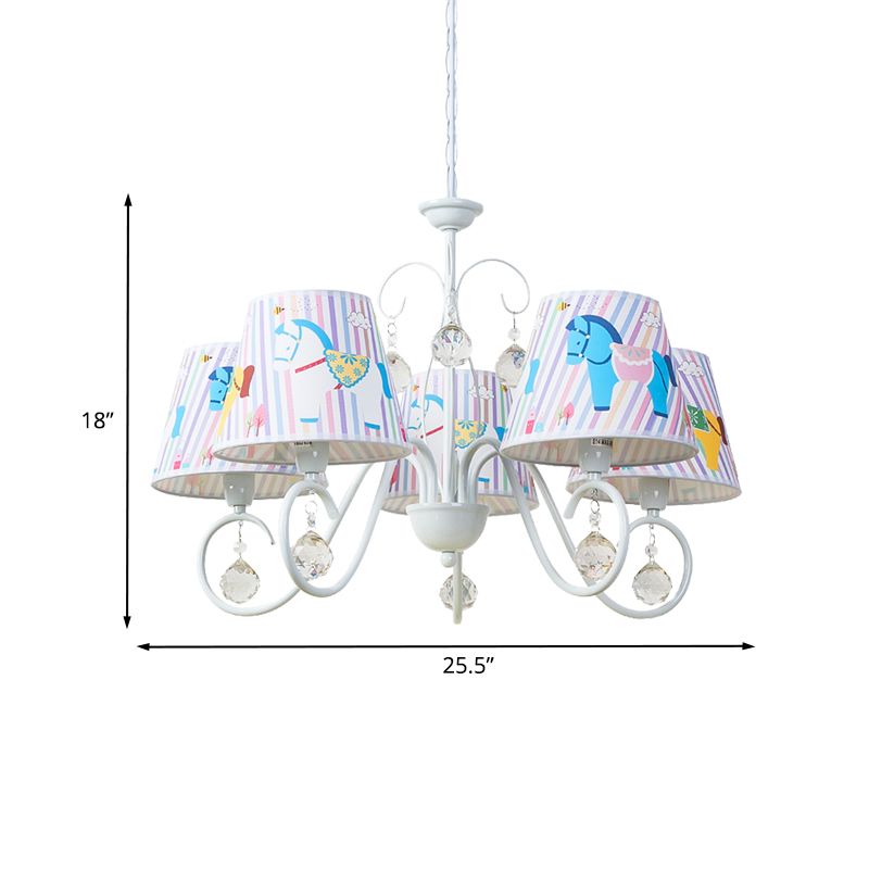 Fabric Tapered Ceiling Pendant Cartoon 5 Lights White Hanging Chandelier with Horse Pattern and Crystal Orb