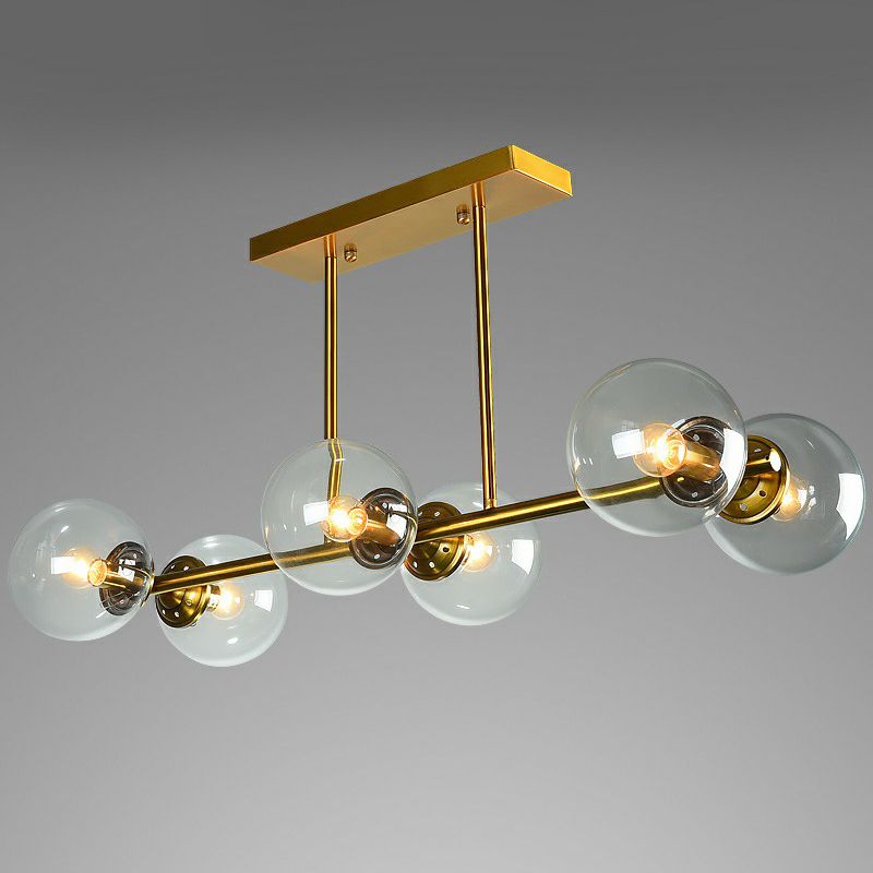 Brass Linear Island Light Fixture Postmodern Metal Ceiling Light with Globe Glass Shade