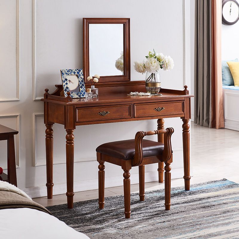 17.71" Wide Solid Wood Vanity Set with Stool Set Brown Dresser with 2-Drawer and Mirror