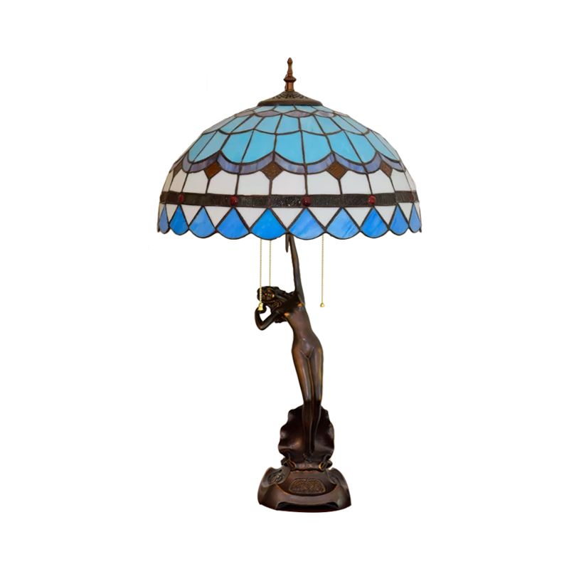 3-Head Nightstand Lamp Mediterranean Spikelet Beige/Teardrop-Edge Blue and White/Flower Blue and Brown Glass Table Light with Pulling Chain