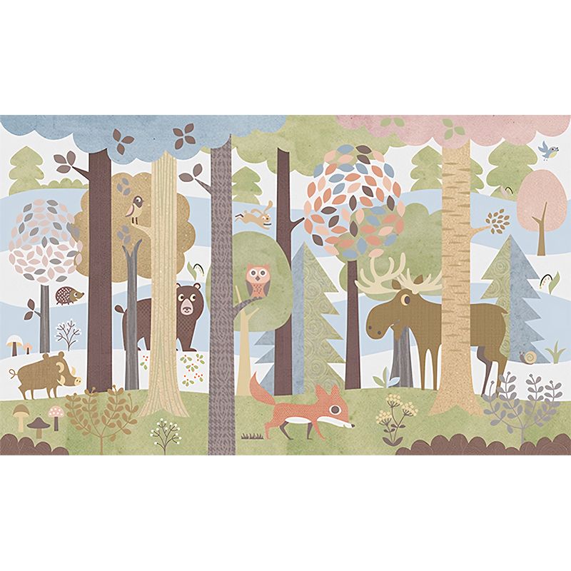 Cartoon Jungle Animal Mural Wallpaper for Child Room Custom Size Wall Art in Dark Color