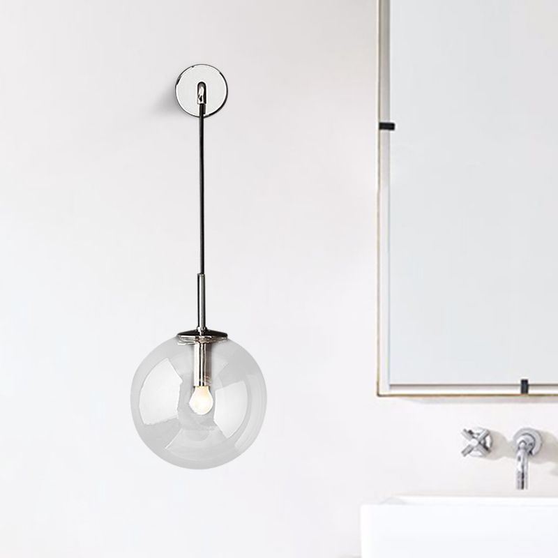 Round Clear Glass Wall Mounted Lamp Industrial Single Bulb Bedroom Vanity Sconce in Chrome/Brass/Black, 6"/8" Wide