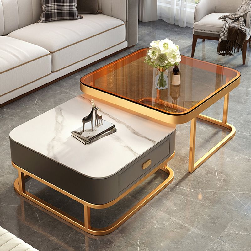 Glam Coffee Cocktail Table Square Glass / Slate Coffee Table with Drawer