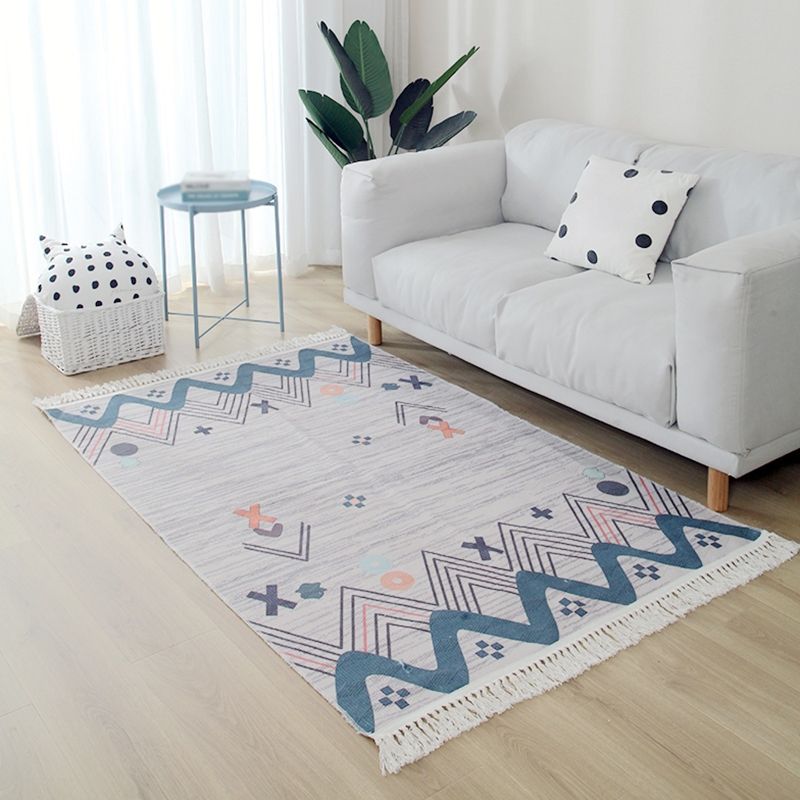 Blue Tone Home Decoration Carpet Eclectic Ethnic Printed Area Rug Cotton with Fringe Rug