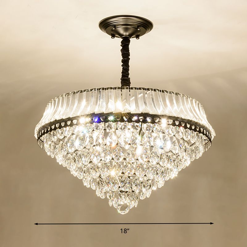 6 Heads Clear Teardrop Crystal Hanging Ceiling Light Black Cone Bedroom Chandelier Lighting