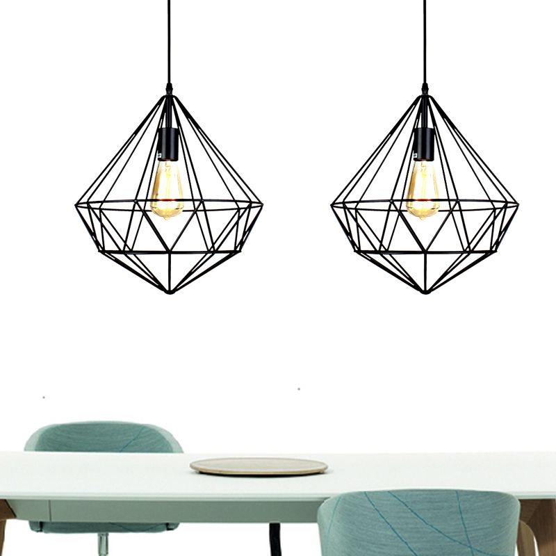 1 Bulb Ceiling Light Industrial Faceted Cage Metal Pendant Ceiling Light in Black for Living Room