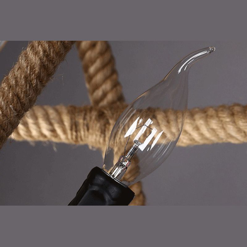 Globe Metal Pendant Lighting Industrial 3 Lights Hemp Rope  Chandelier Hanging Light Fixture in Black