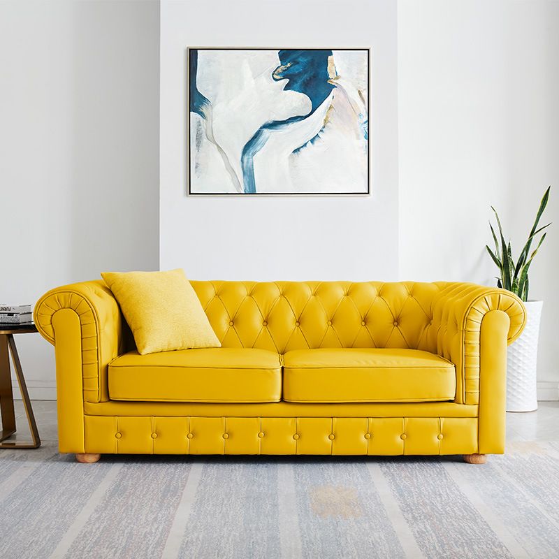 Solid Color Faux Leather Chesterfield Sofa Rolled Arm Tufted Back Sofa