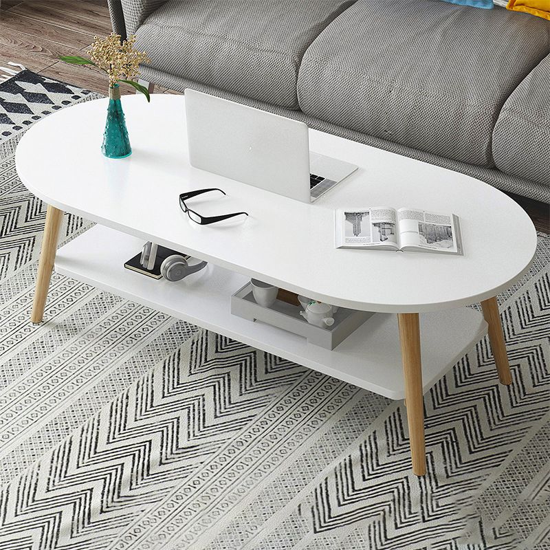 Contemporary Wooden Oval Coffee Table with 4 Legs and 1 Shelf