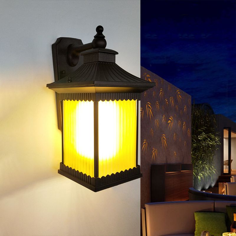 Metal Black Sconce Light Cuboid 1 Light Country Wall Mounted Lamp with Clear Ribbed Glass Shade