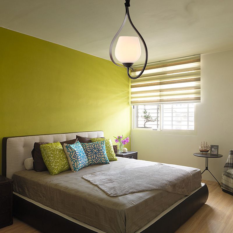 Bowl Grosted Glass Pendant Lighting Style Contemporary 1 Bulbe Black Finish Hanging Plafond Light