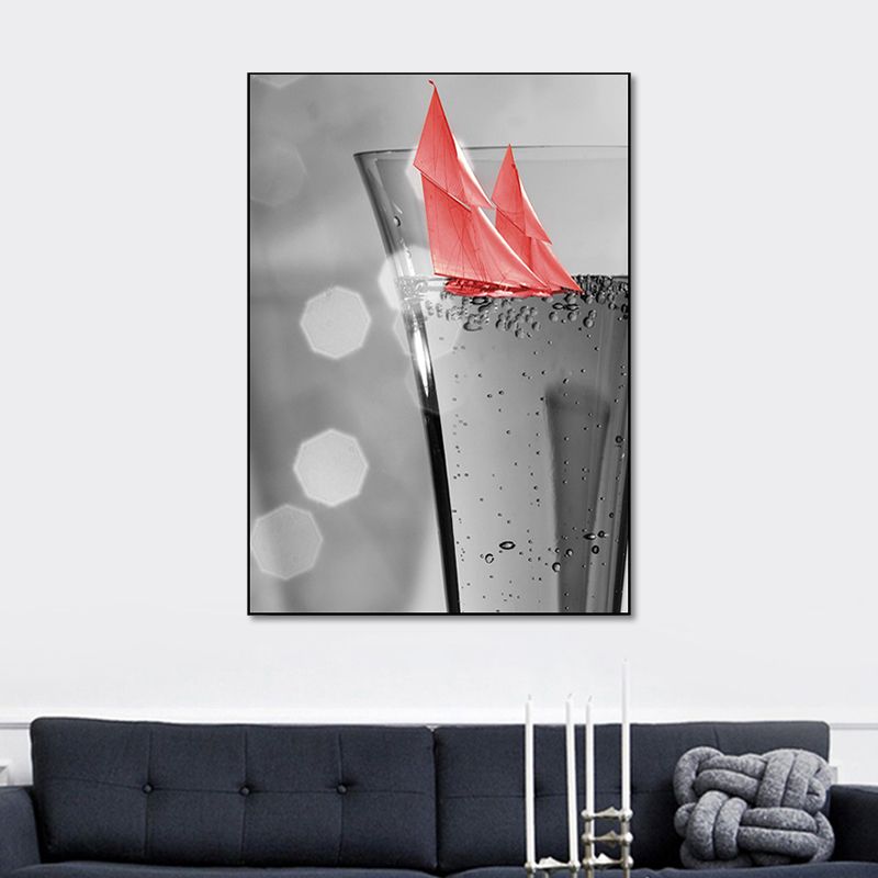 Mixed Media Wine Glass Art Print for Dining Room, Red and Grey, Textured Surface