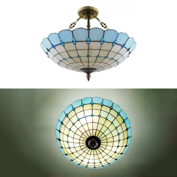Plafonnier de chambre à coucher en verre, éclairage semi-encastré en forme de dôme à 4 lumières de style Tiffany en cuivre antique, 8" de haut x 19,5" de diamètre