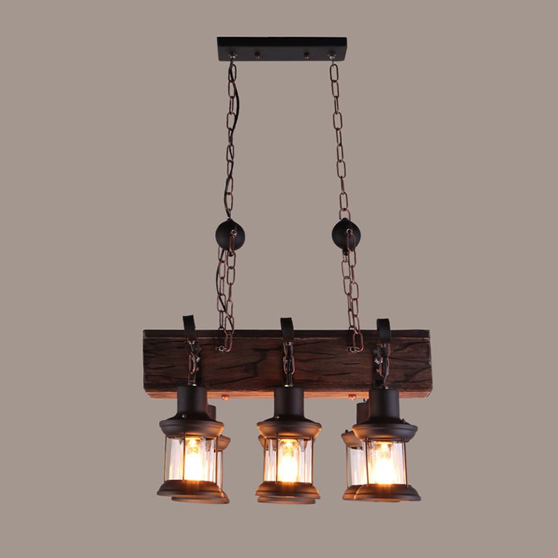 Rectangular Shape Pendant Light Modern Style Wood 6 Lights Hanging Lamp in Brown