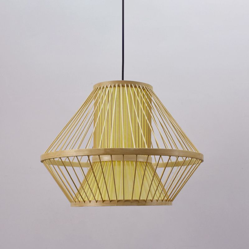 Luz colgada cónica Bambú china 1 Cabeza de color beige Costa de iluminación para comedor para comedor