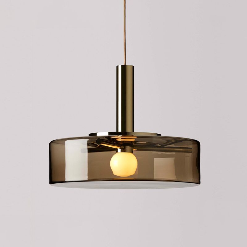 Tambour contemporain lampe suspendue fumée de verre gris 1 bulbe salon