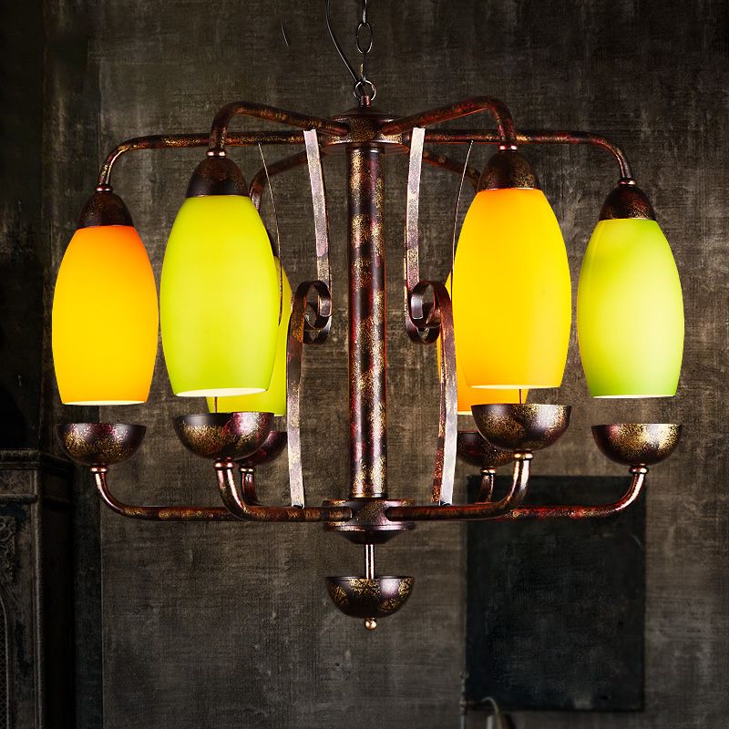 Rust 6 Lights Chandelier Lighting Rural Orange and Green Glass Curved Shade Pendant Lamp for Bar