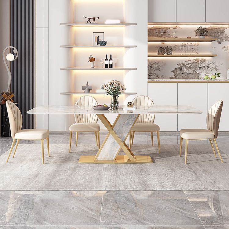 Glossy Gray Stone Dining Table Set 1/4/5/7 Pcs Glam Dinette Set with Leather Chairs