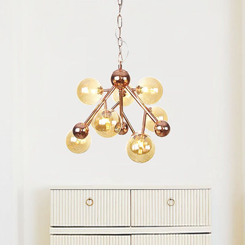 Spherical Living Room Chandelier Light Amber Glass 9 Heads Modern Ceiling Suspension Lamp