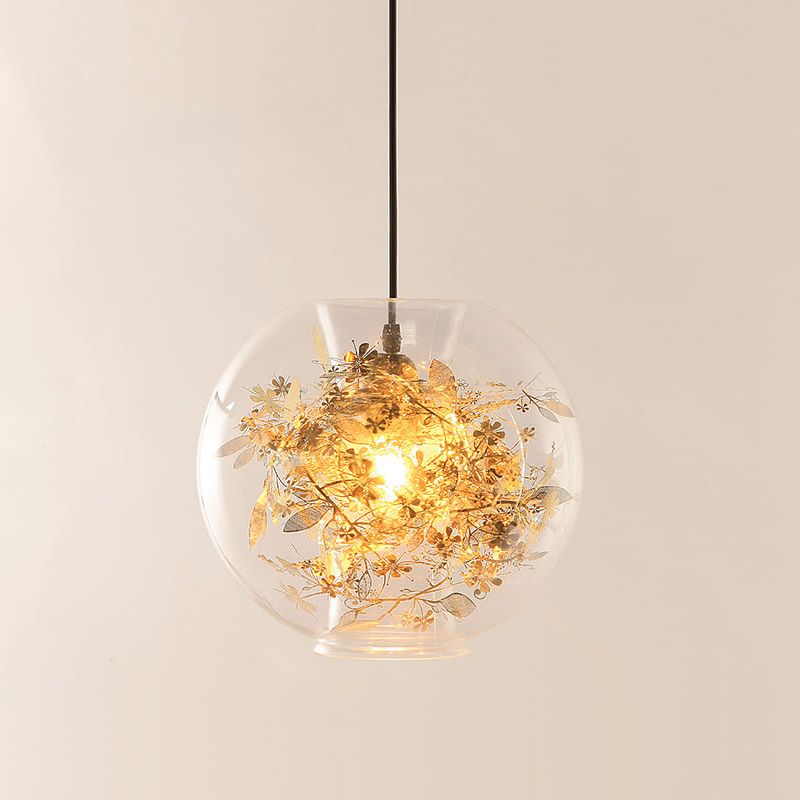 Sphere Pendant Lighting Modern Clear Glass 1 Head Gold Suspension Lamp with Inner Shattered Leaves Detail