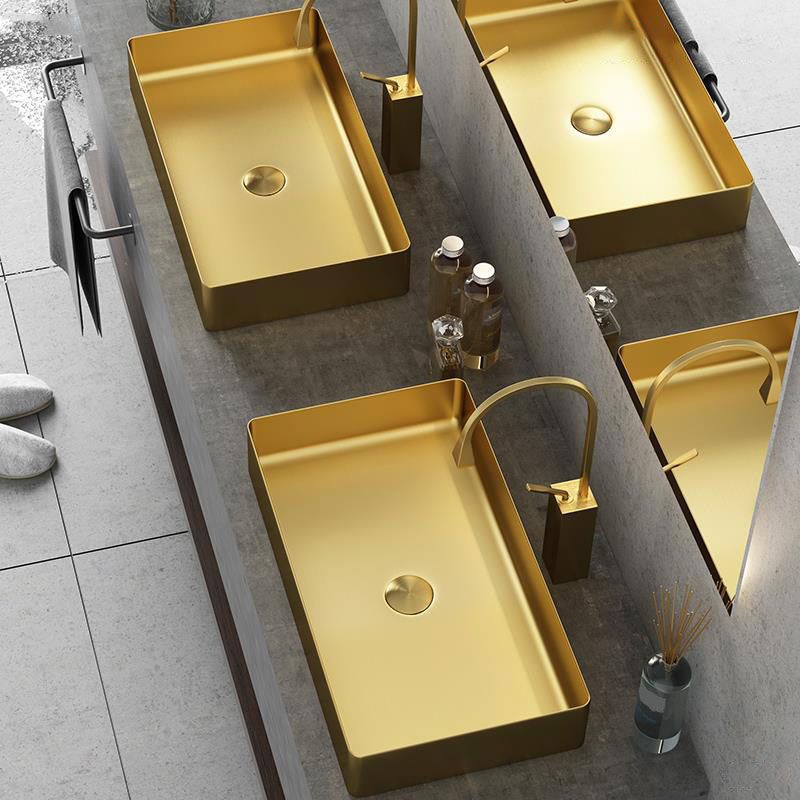 Modern Vessel Bathroom Sink Metal Rectangular with Faucet Vessel Lavatory Sink