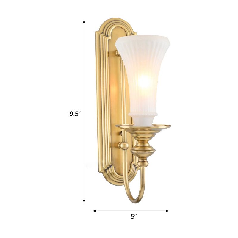 1/2-Bulb Bell Wall Sconce Lamp Colonial Gold Frosted White Glass Wall Light with Metal Gooseneck Arm