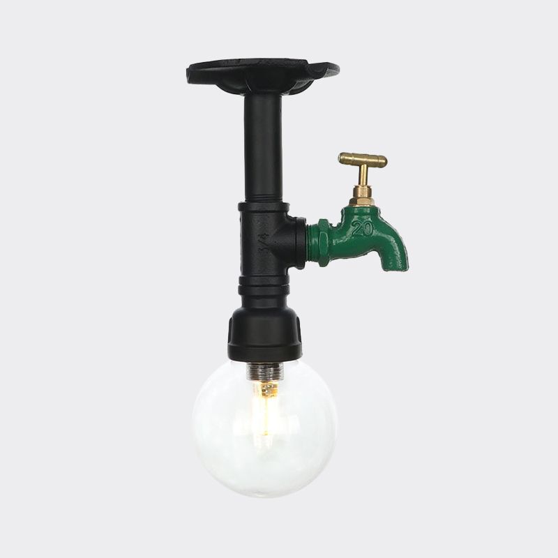 Orb Clear Glass Semi Flush Lighting Industrial 1 Bulb Restaurant Ceiling Mounted Fixture in Black