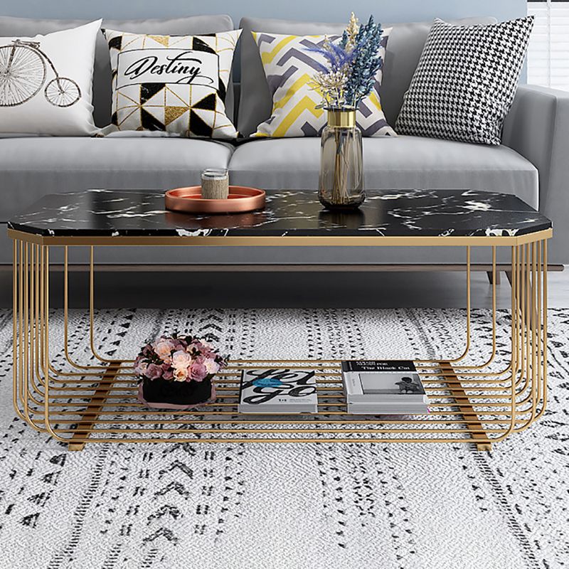 Contemporary Glass & Marble Coffee Table Octagon 1 Single Cocktail Table with Shelf