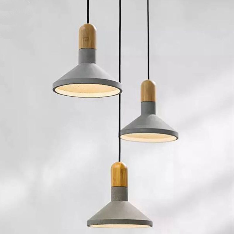 Tapered Cement Hanging Light Nordic Style 1 Light Restaurant Ceiling Pendant Lamp with Wooden Top