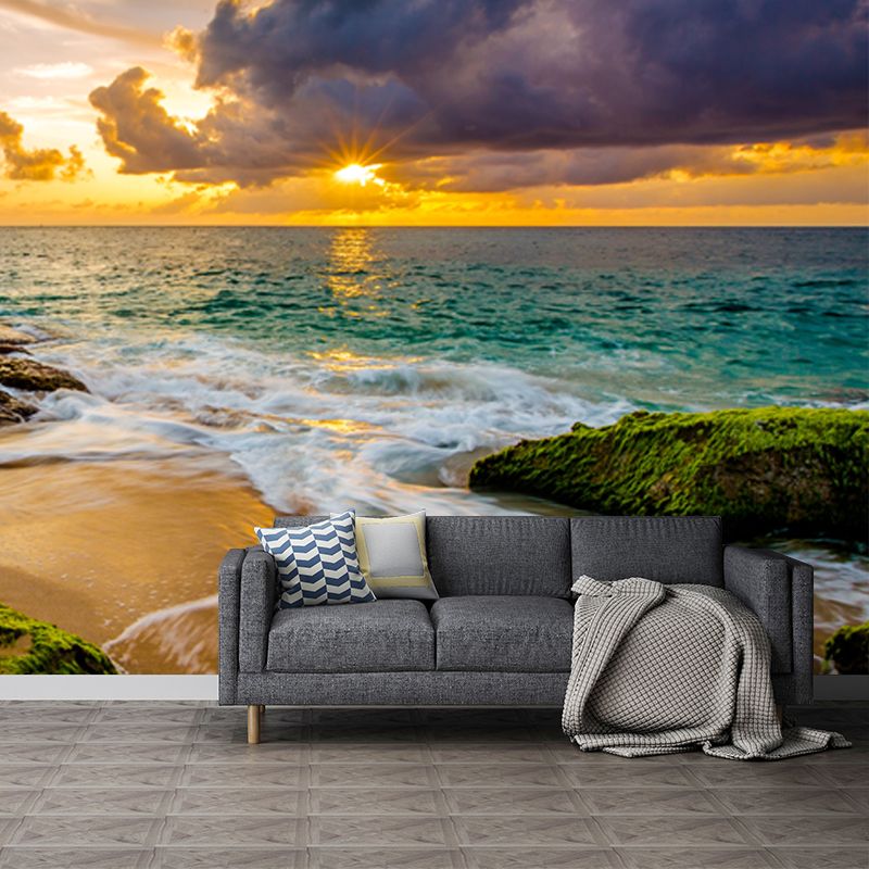 Sunset Moss Sea Rock Mural Tropical Non-Woven Cloth Wall Covering in Yellow-Green