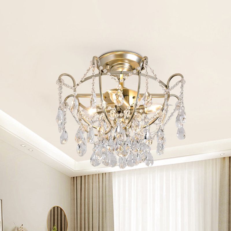 Goldene Schüssel Käfig Deckenleuchte Vintage Kristallstrang 4 Lichter Lounge Semi Flush Mount Light