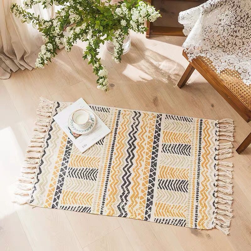 Multi Color Bedroom Rug Funky Geometric Carpet Cotton Machine Washable Pet Friendly Rug with Tassel