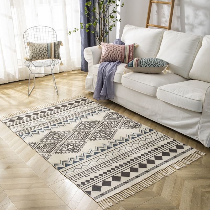 Mehrfarbiger, minimalistischer Teppich, Baumwolle, Tribal-Druck, Innenteppich, Fransenteppich für Wohnzimmer