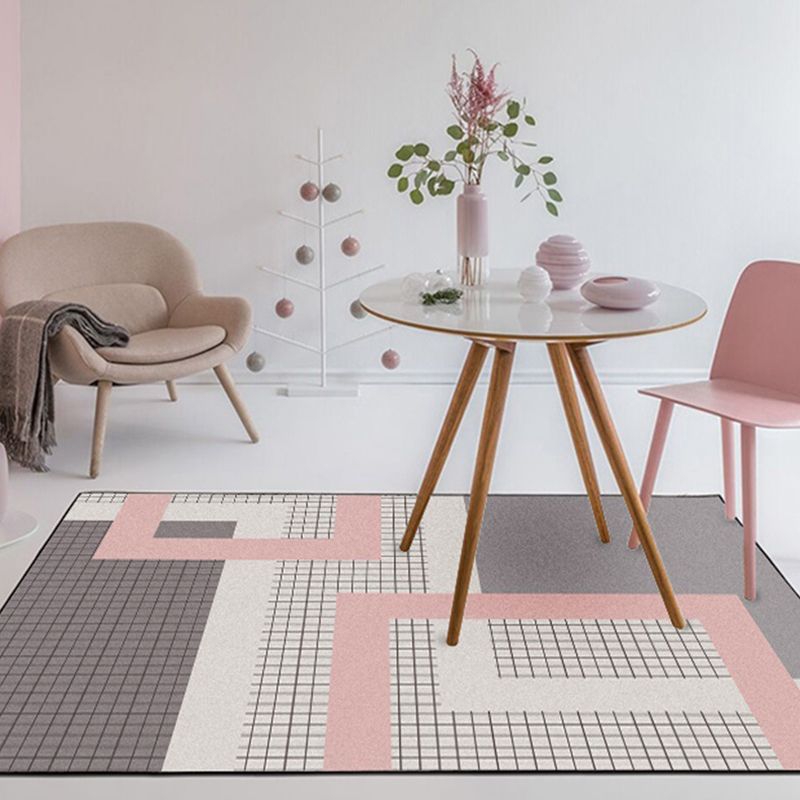 Stylish Pink-Grey Modern Rug Synthetics Geometric Grids Print Carpet Stain Resistant Non-Slip Pet Friendly Rug for Girls Room