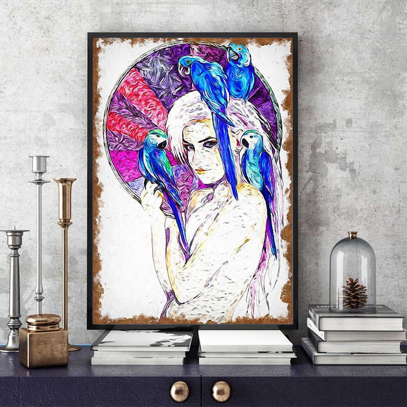 Canvas Purple Art Print Contemporary Girl and Parrots Painting Wall Decor for Living Room