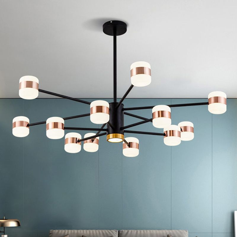 Iron Iron Accensione del lampadario radiale a 2 strati Lampada a sospensione nera moderna a 12 luci con ombra acrilica ovale