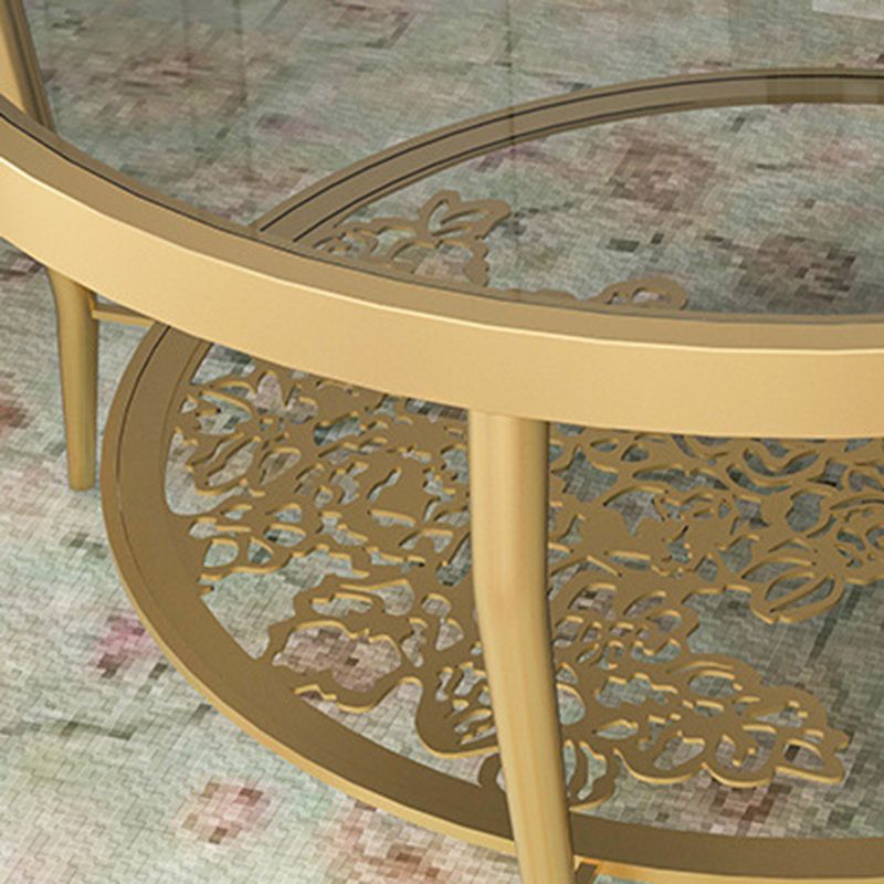 Contemporary Round Glass Top Coffee Table with Iron 4 Legs and Shelf