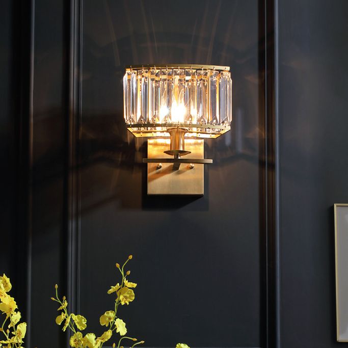 Gold Rectangular Wall Sconce in Modern Luxury Style Copper Wall Lamp with Crystal Shade