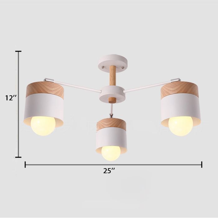 Plafonnier cylindrique en métal de style nordique, lustre semi-encastré à 3 têtes avec capuchon en bois blanc pour salon
