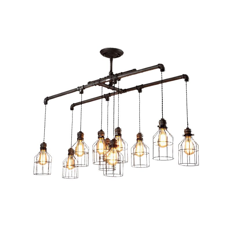 6/10 Bulbs Island Pendant Light Industrial Cage Iron Hanging Lamp Fixture in Aged Silver with Double Pipe Rod