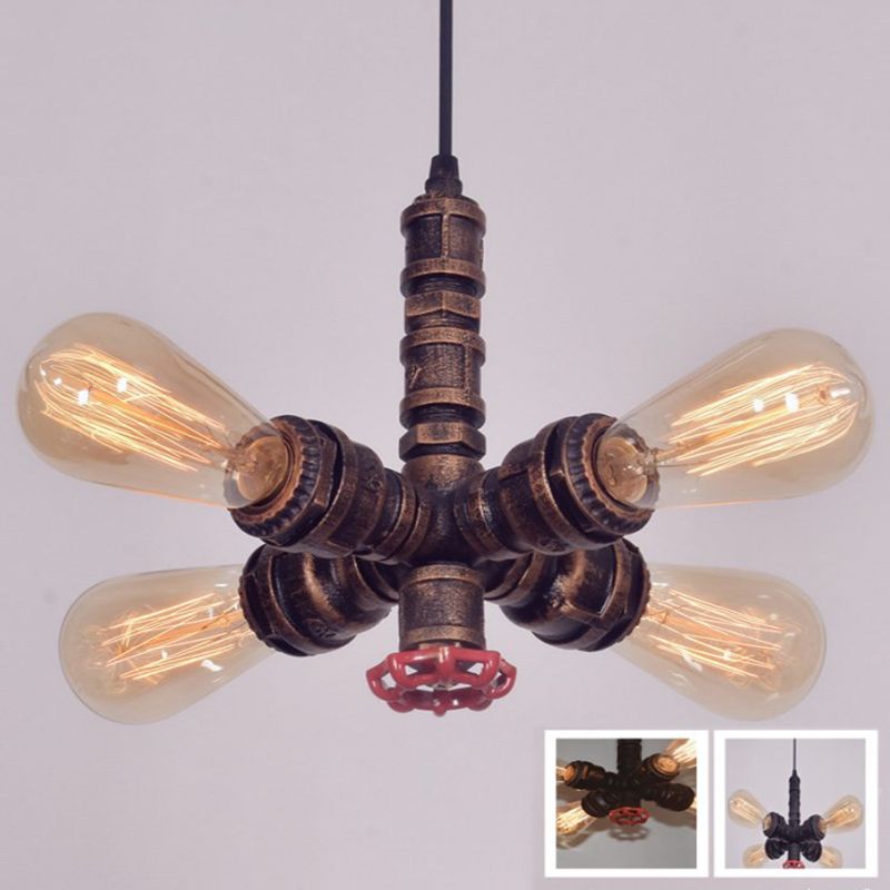 Antique Bronze Water Pipe Hanging Pendant Light Industrial Style Metal 4 Lights Bare Bulb Lighting Fixture for Restaurant Cafe Shop