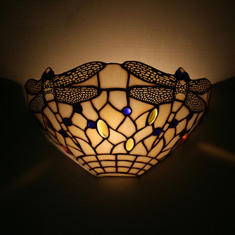 White Wall Mount Light Country Style 1 Light Wall Sconce with Dragonfly Pattern for Bedroom