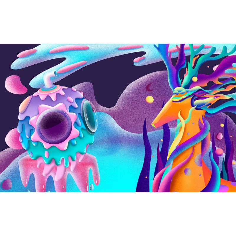 Illustration Deer and Ball Mural for Living Room, Blur-Purple, Personalized Size