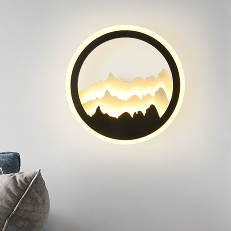 Round Shaped Acrylic Mountain Mural Light Contemporary Style LED Black Wall Mount Light