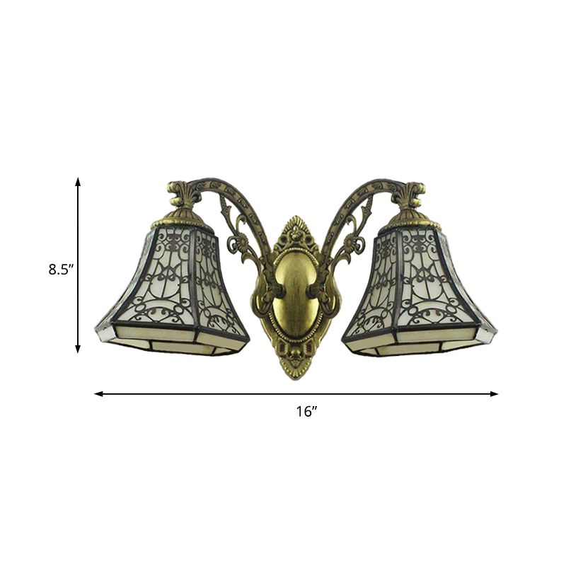 Beige Glass Bell Wall Lighting with Fence Design 2 Heads Rustic Lodge Sconce Light