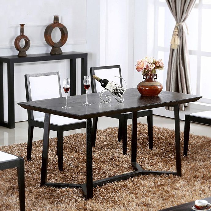 Rectangle Black Industrial Dining Table Pine Solid Wood Table with Trestle Base