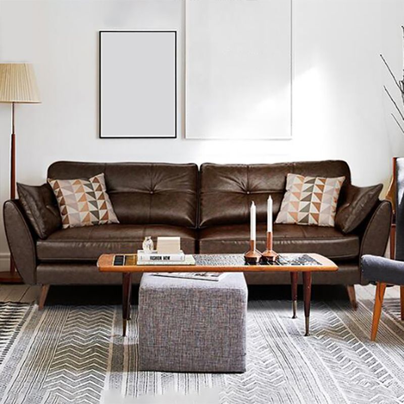 Genuine Leather Flared Arm Sofa Modern Jewel-tuft Wood Legs Sofa